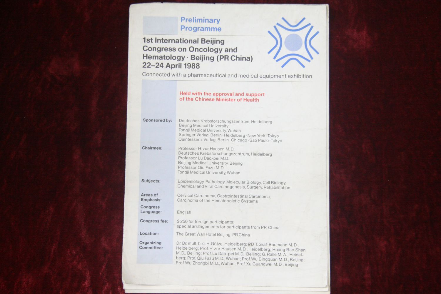 1988年苗林参加#次国际北京肿瘤和血液病会议资料《Preliminary Programme》
