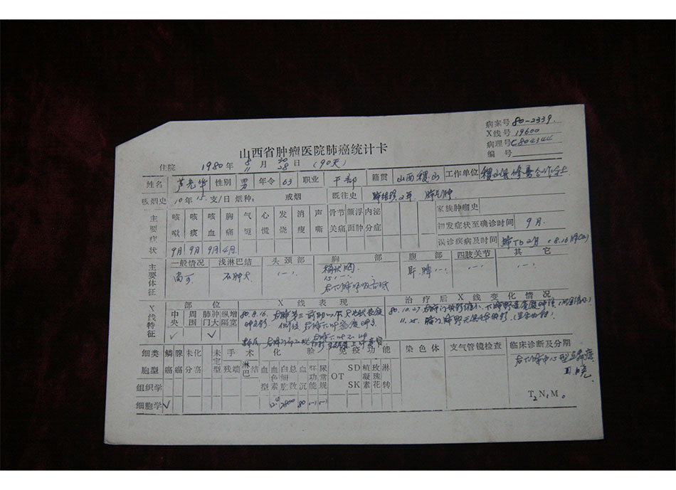 20世纪80年代山西省肿瘤医院肺癌统计卡